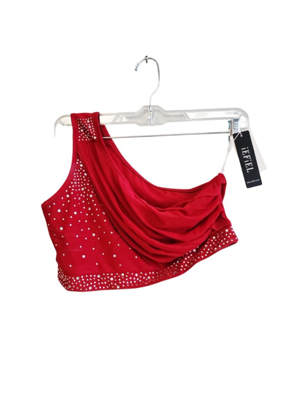 Red Asymmetrical Dance Costume Set  Rhinestones One-Shoulder Top   Skirt Size 14 - Picture 3 of 11